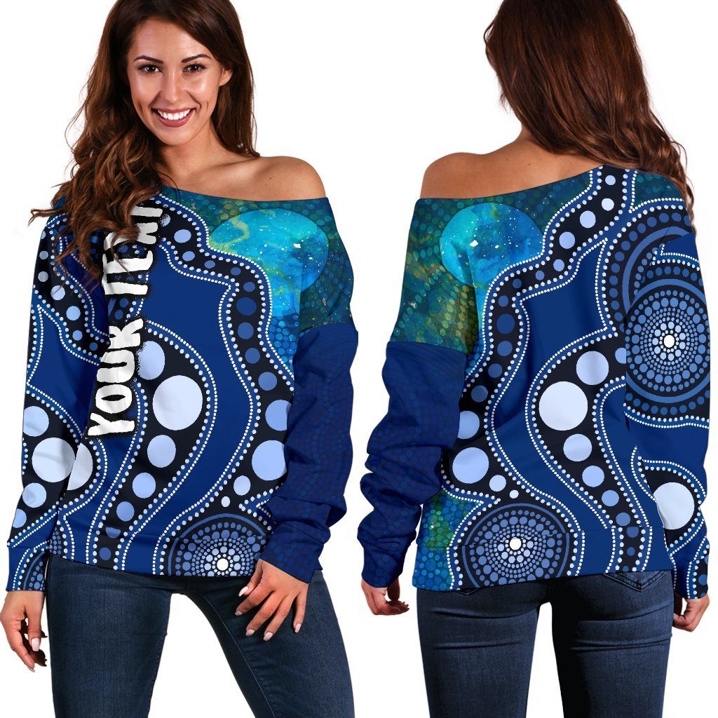 (Custom Text) Aboriginal Women's Off Shoulder Sweater - Australia Indigenous Flag Circle Dot Painting Art (Blue)