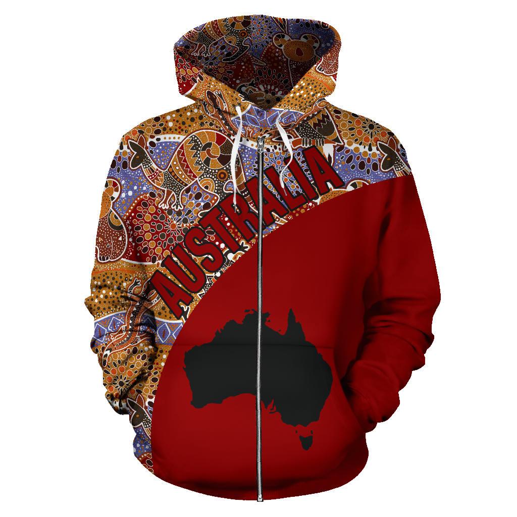 Aboriginal Zip Hoodie - Australia Map Kangaroo Patterns Koala