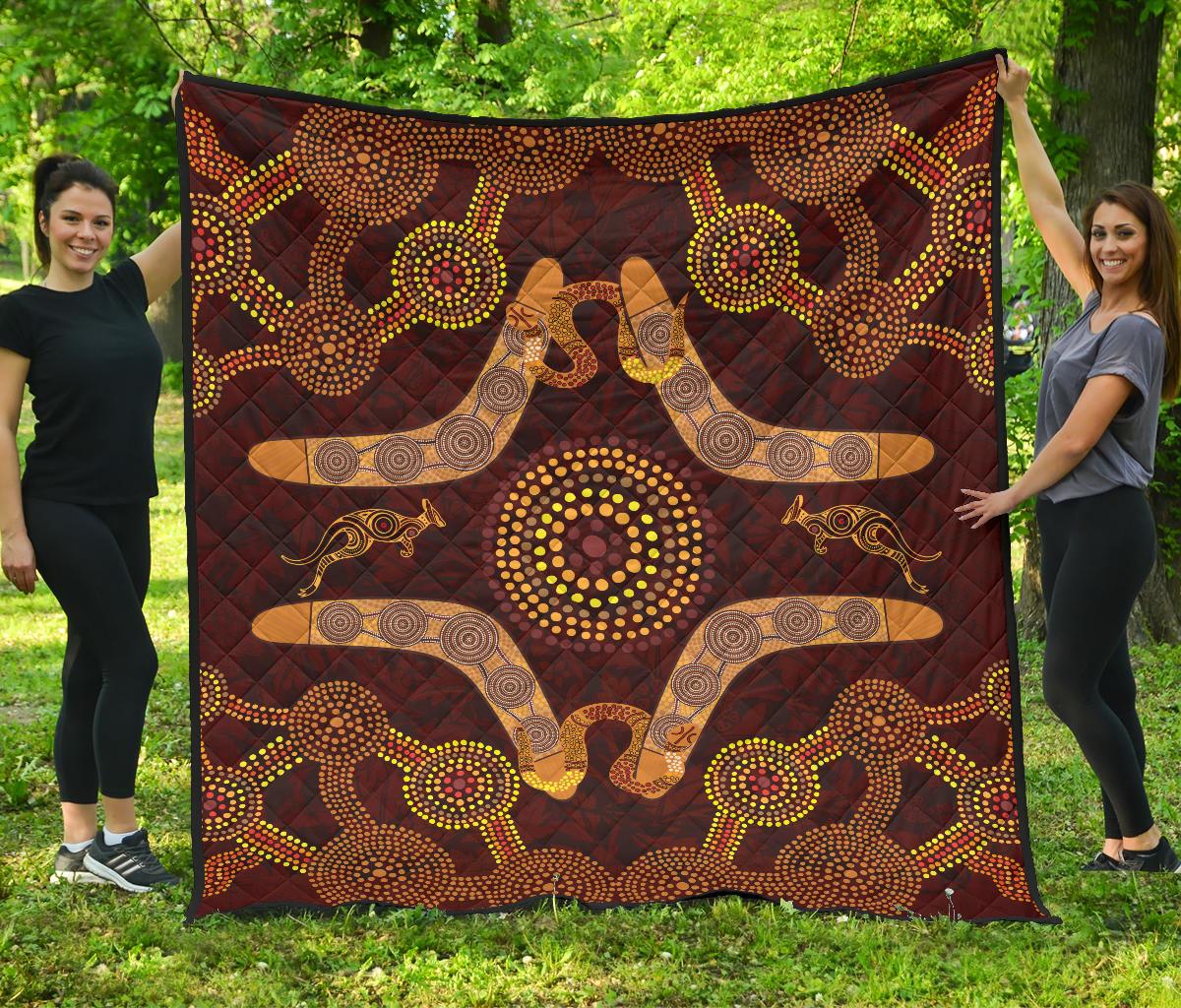Aboriginal Premium Quilt - Kangaroo, Boomerang And Snake Dot Painting