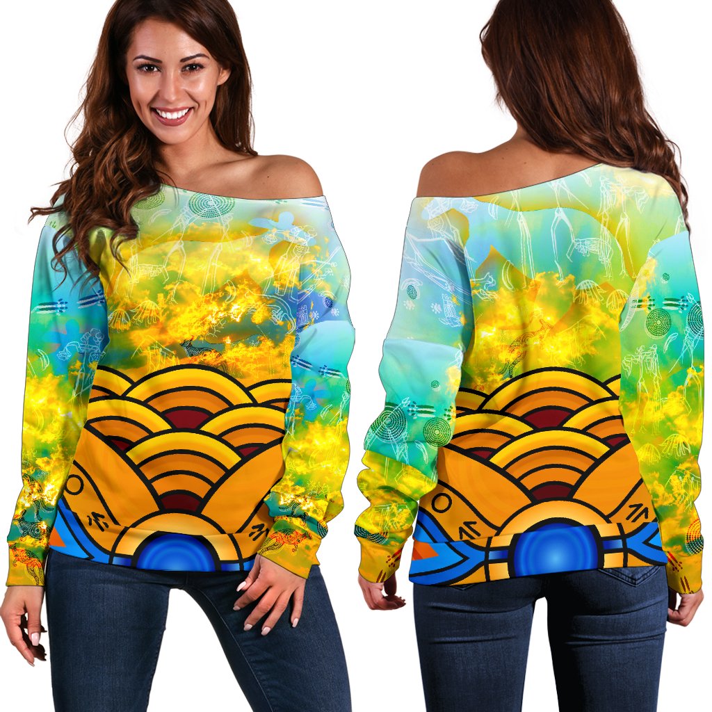 Aboriginal Women's Off Shoulder Sweater, Australia Kangaroo Sky