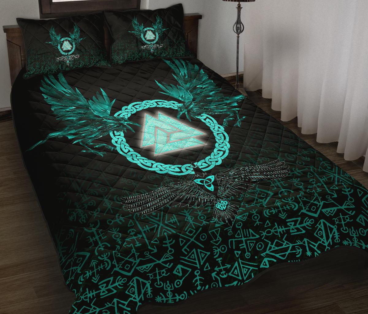 Viking Quilt Bedding Set Three Raven and Valknut Cyan