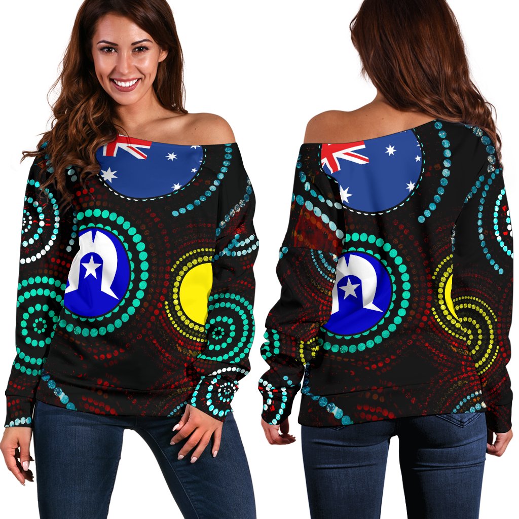 Off Shoulder Sweater - Aboriginal Dot Painting & Flag