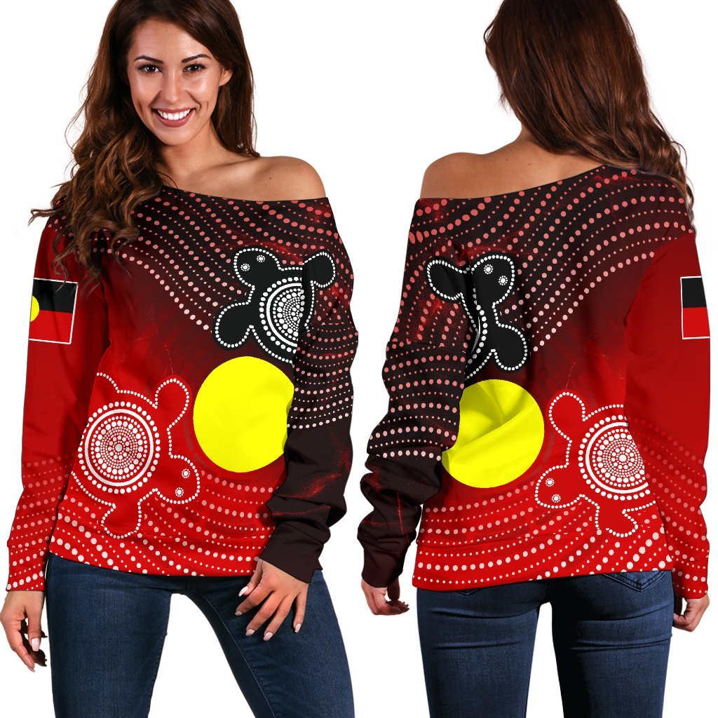Aboriginal Women's Off Shoulder Sweater - Indigenous Circle Dot Painting Style