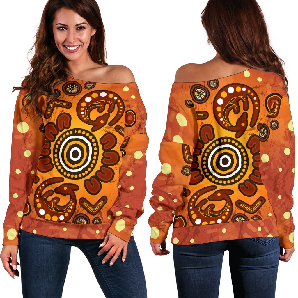 Aboriginal Women's Off Shoulder - Baby Kangaroo And Dot Painting Patterns