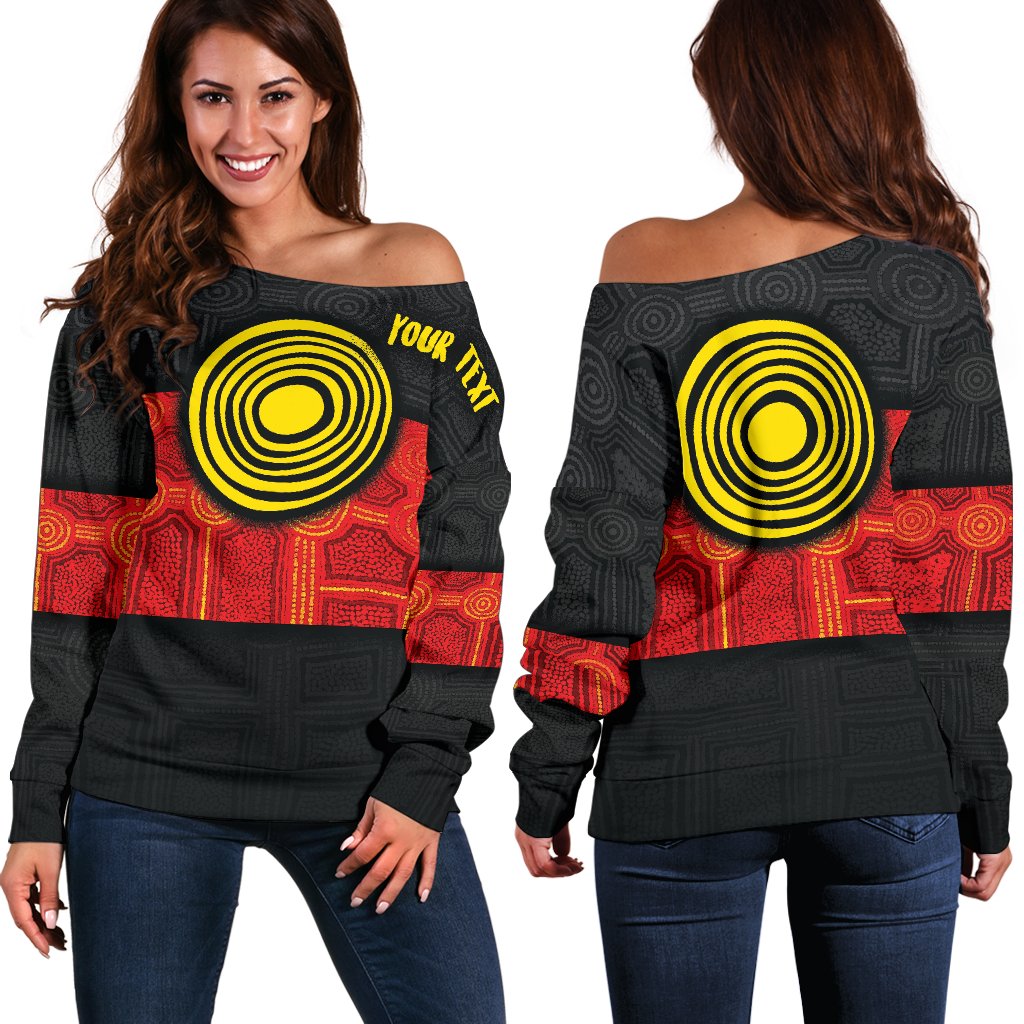 Personalised Aboriginal Women's Off Shoulder Sweater - Aussie Indigenous Flag