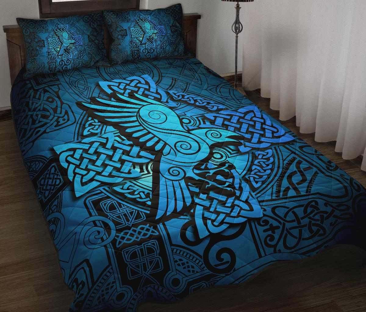 Viking Quilt Bedding Set Raven Odin Celtic Cyan