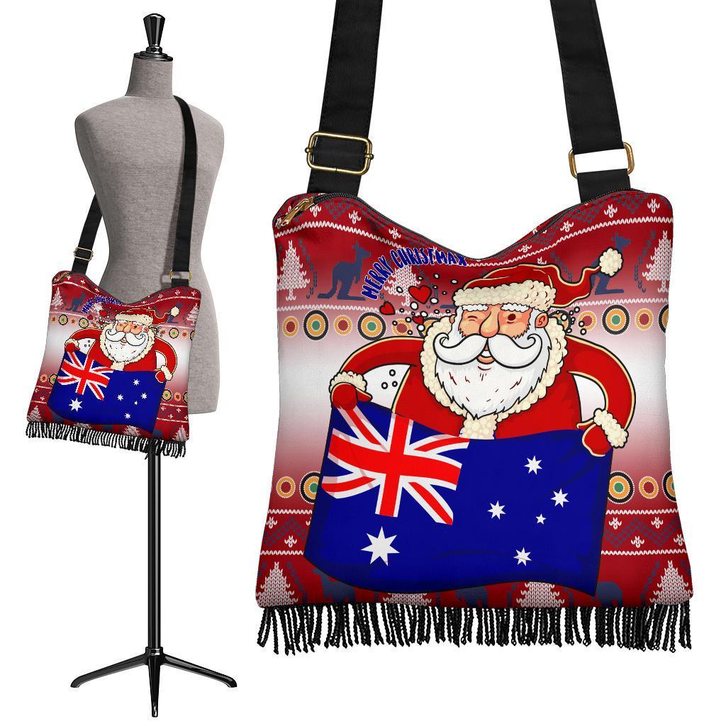 Christmas Boho Handbag - Australia Santa Claus Hold The Flag ( Red)