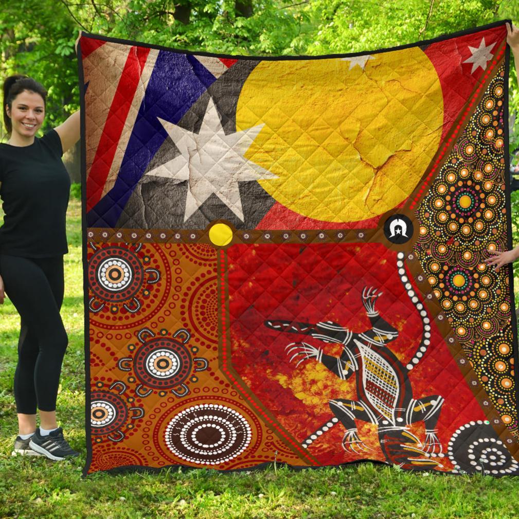 Premium Quilt - Aboriginal Dot Painting & Flags, Crocodile