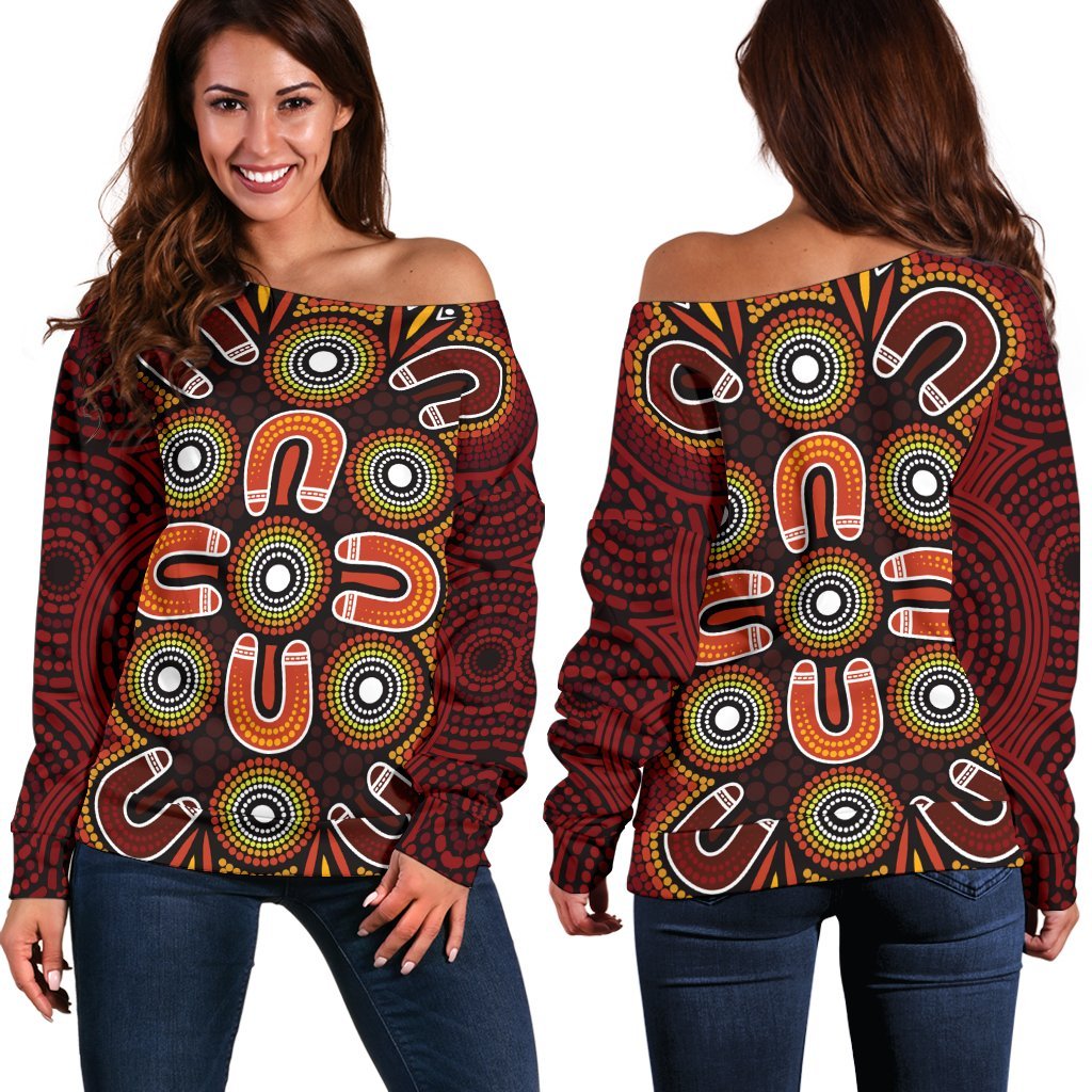 ABoriginal Women's Off Shoulder Sweater - Aboriginal Dot Painting Flowers Style