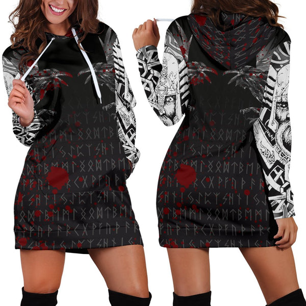 Viking Hoodie Dress Odin Huginn and Muninn Rune Blood