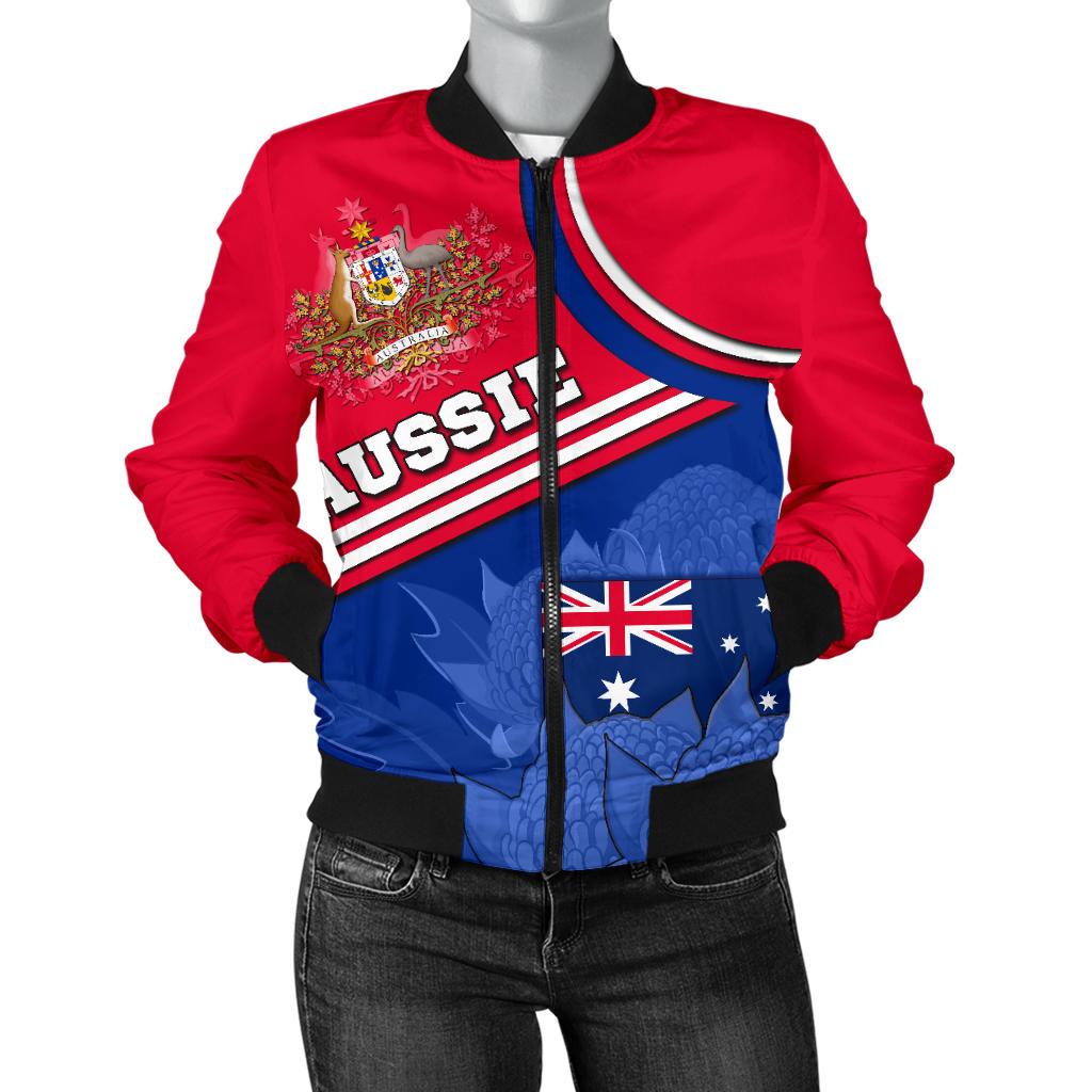Women Bomber Jacket - Aus Flag and Coat of Arms Jacket Waratah Flowers