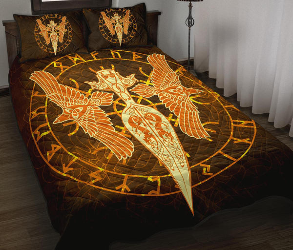 Viking Quilt Bedding Set Gold Spear Of The God Odin Gungnir And Two Gold Ravens