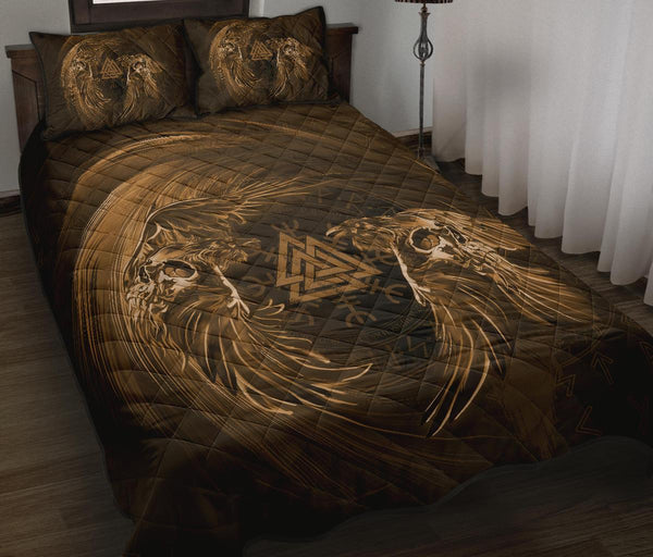 Viking Quilt Bedding Set Ravens Skull Tattoo Gold