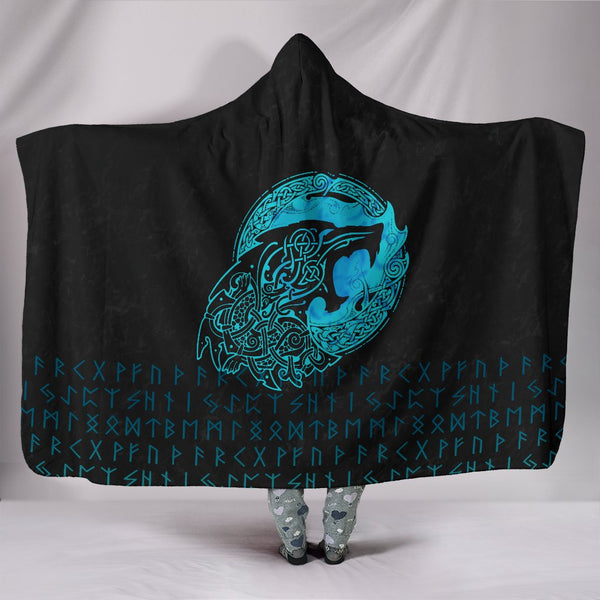 Viking Hooded Blanket Fenrir Wolf Cyan