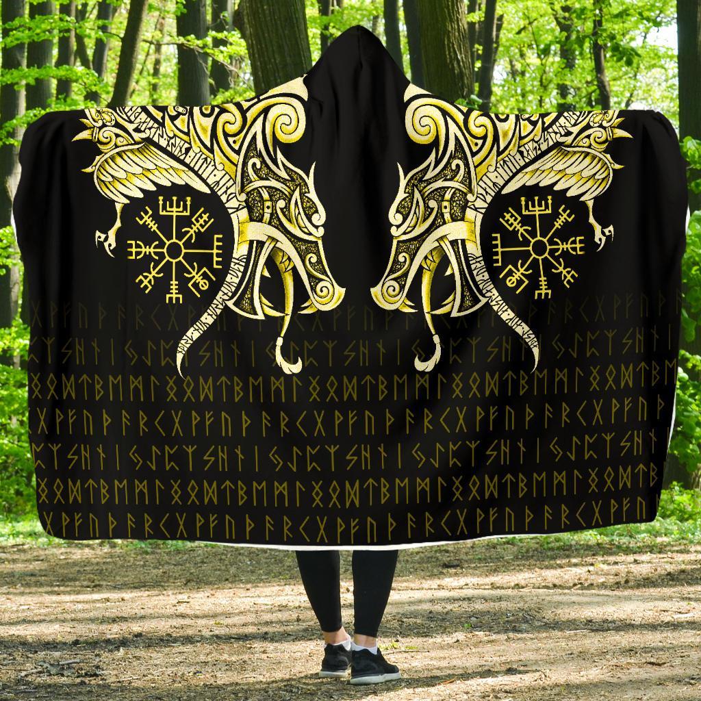 Viking Hooded Blanket Economy Fenrir Raven And Vegvisir Tattoo Yellow