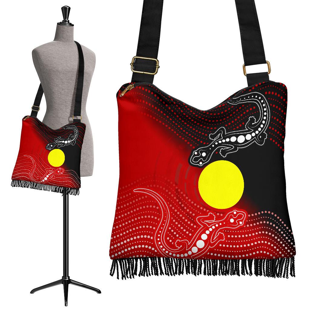 Aboriginal Crossbody Boho Handbag - Two Indigenous Lizard