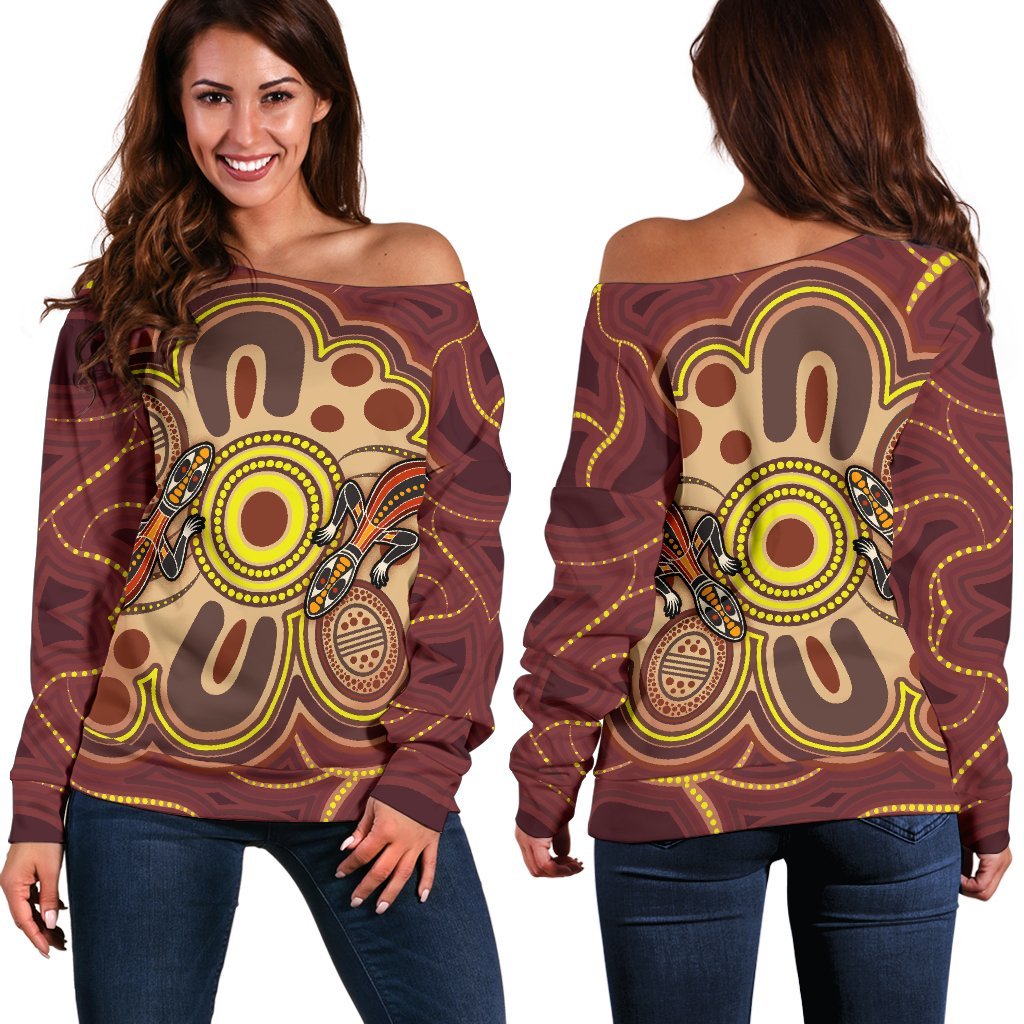 Aboriginal Women's Off Shoulder Sweater, Indigenous Lizard Dot Painting Art