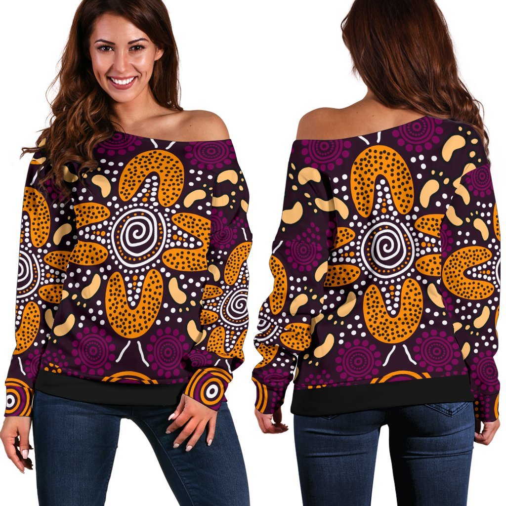 Aboriginal Women's Off Shoulder Sweater - Flowers Dot Panting Art