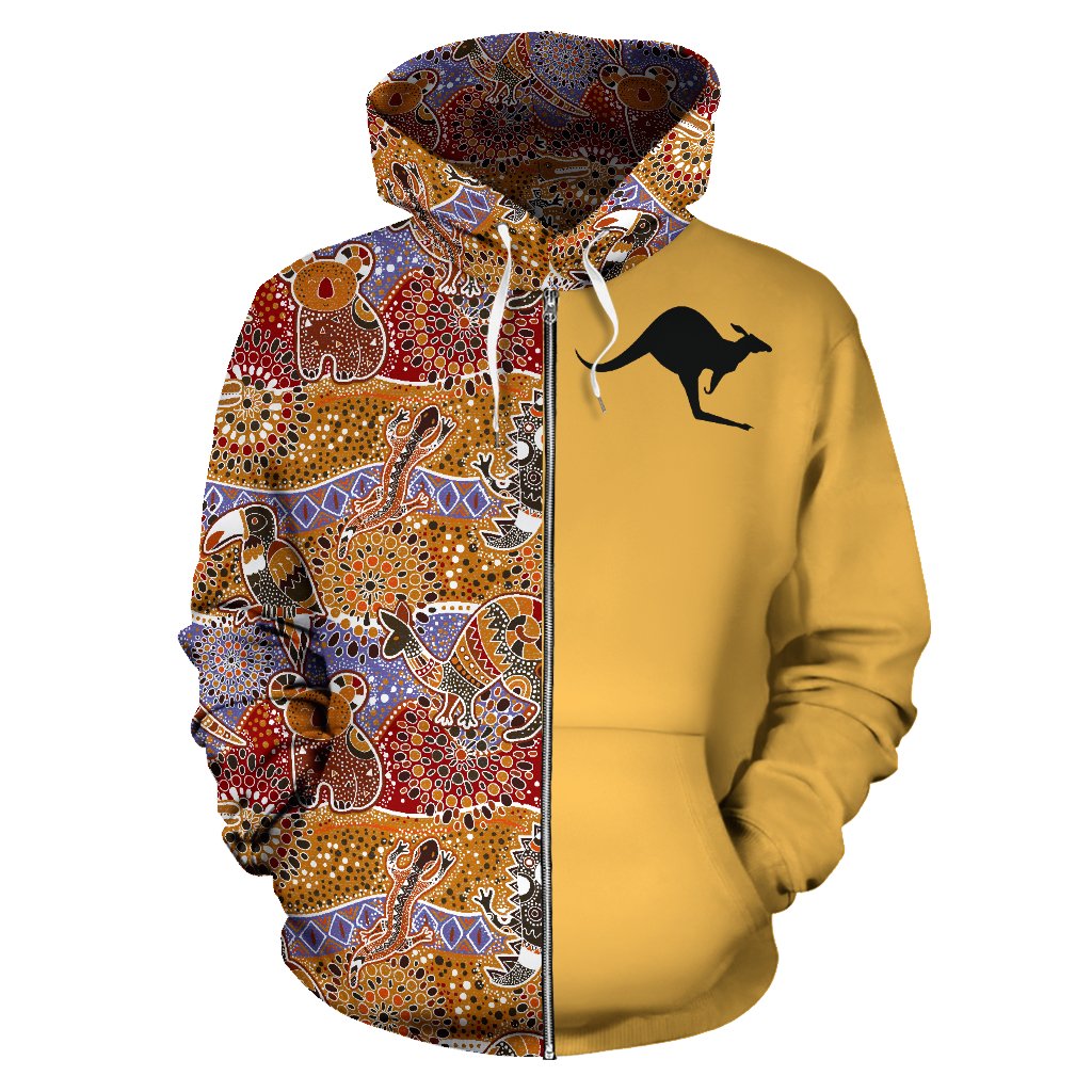 Aboriginal Zip Hoodie - Koala Lizard Kangaroo Symbol Australia