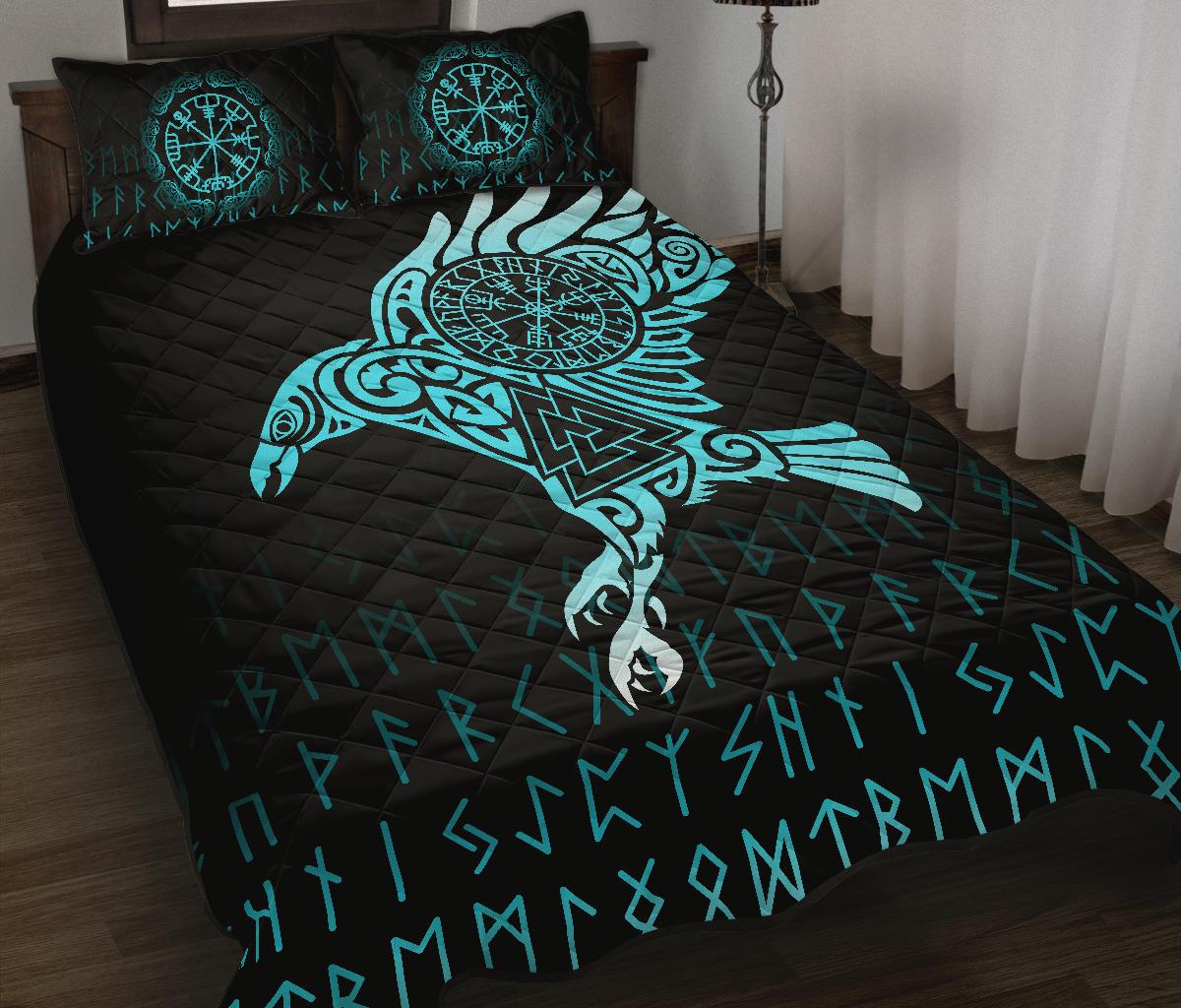 Viking Quilt Bedding Set Raven Tattoo Cyan