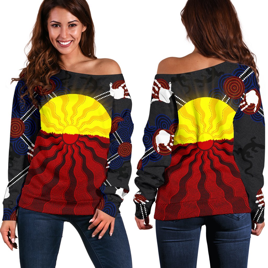 Aboriginal Women's Off Shoulder Sweater, Aboriginal Lives Matter Flag Sun Dot Painting