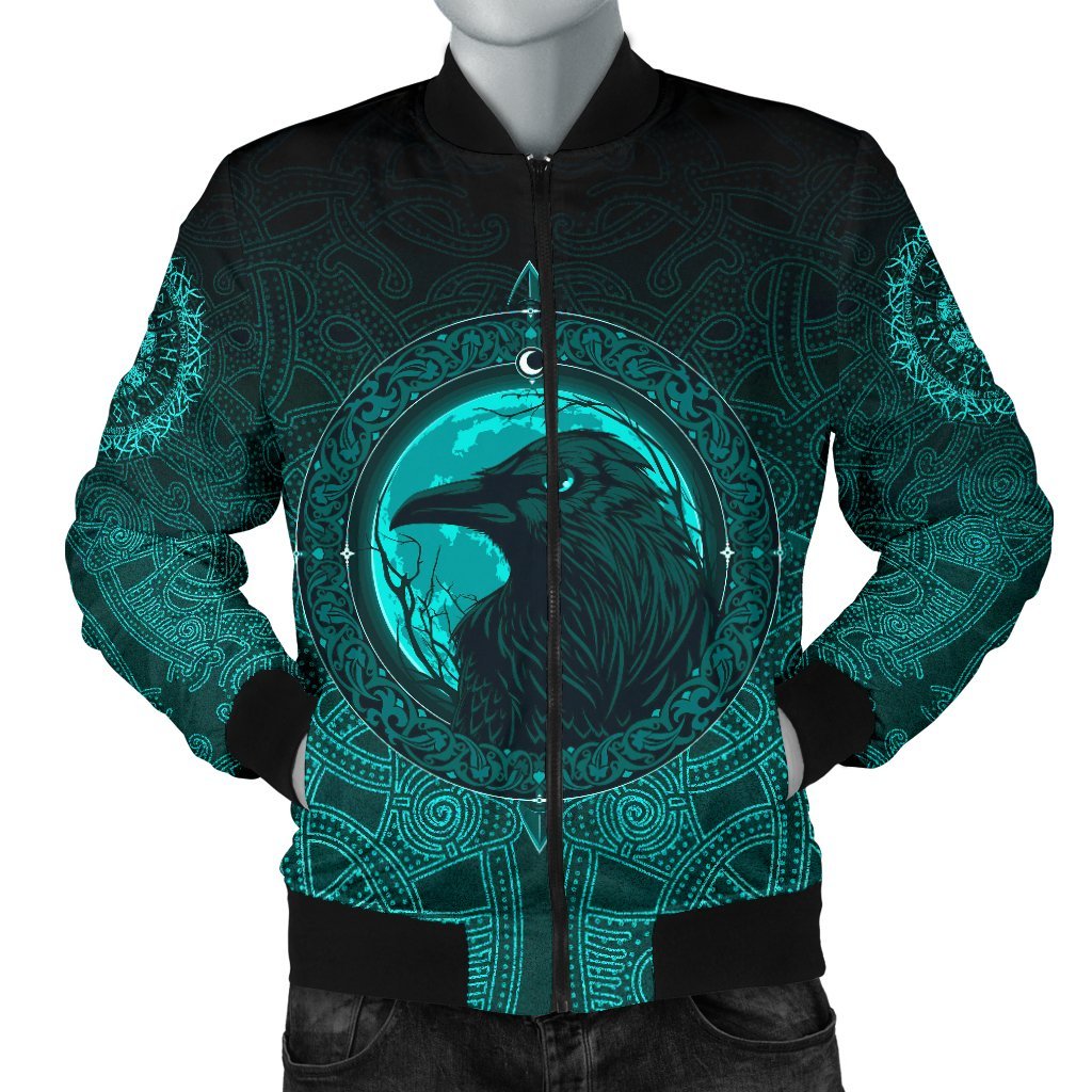 Viking Bomber Jacket Ethnic Odin Raven Cyan Style Ver01