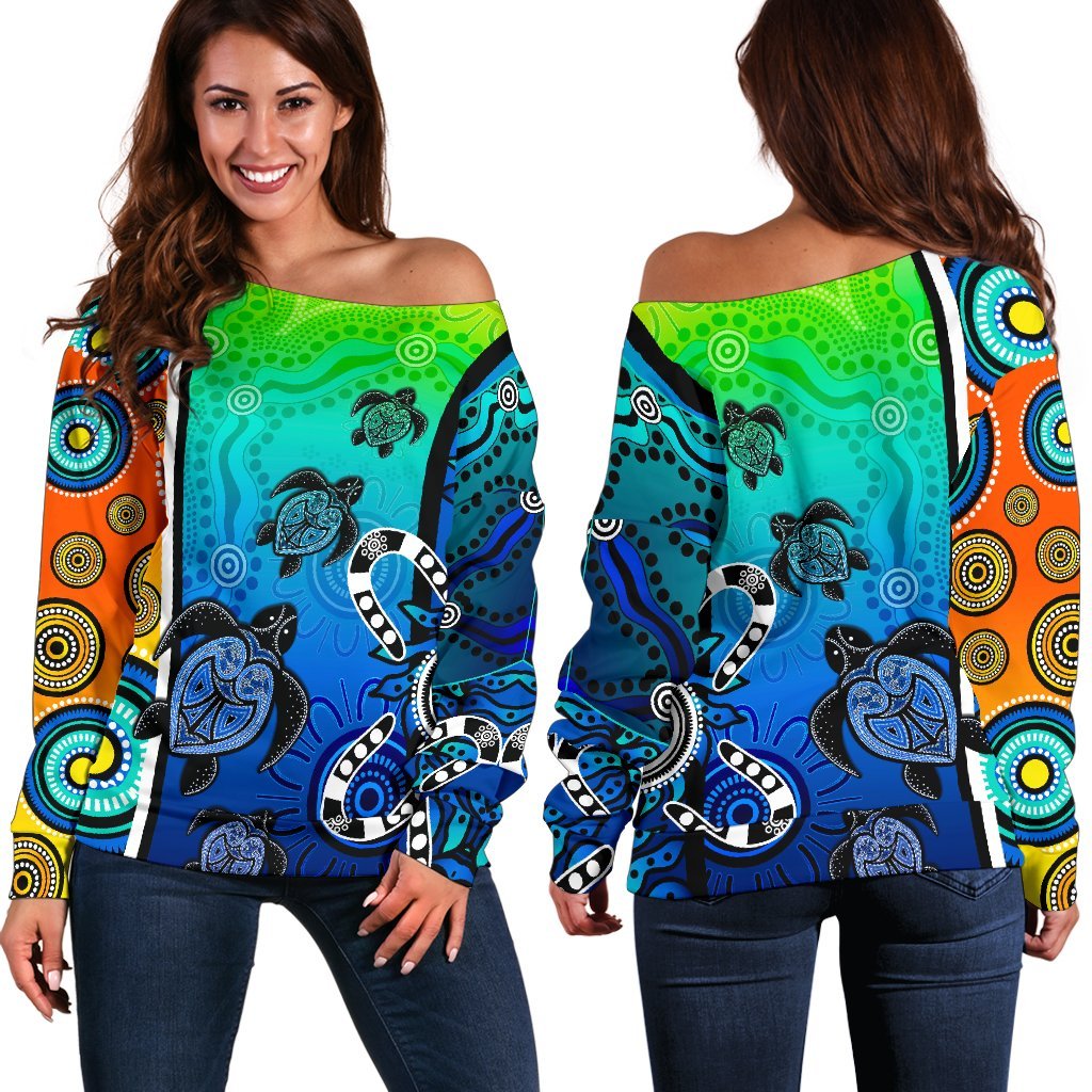 Aboriginal Women's Off Shoulder Sweater - Indigenous Turtle Dot Painting Art