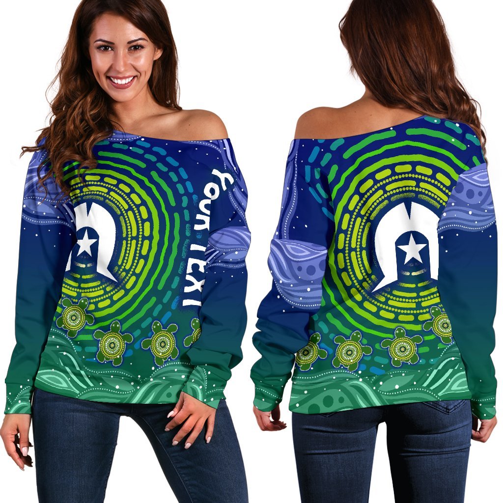 (Custom Text) Torres Strait Islanders Women's Off Shoulder Sweater - Aboriginal Turtle