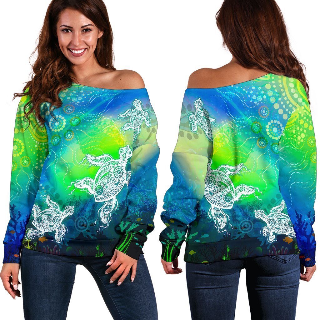 Aboriginal Women's Off Shoulder Sweater - Indigenous Turtle Ocean Dot Painting Art