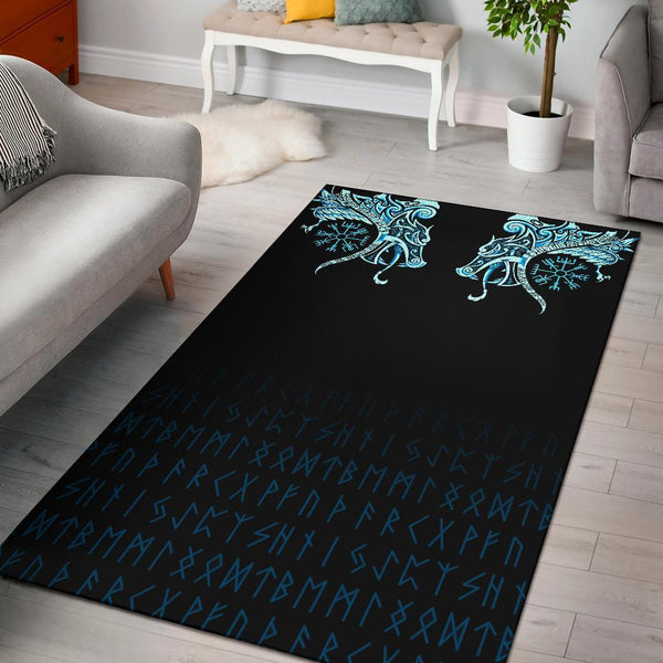 Viking Area Rug Fenrir Raven And Vegvisir Tattoo Cyan