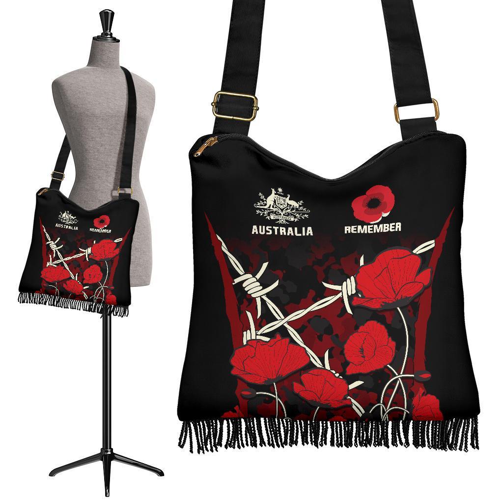 Anzac Boho Handbag - Anzac with Remembrance Poppy Flower