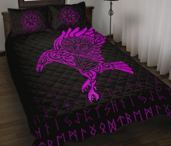 Viking Quilt Bedding Set Raven Tattoo Pink