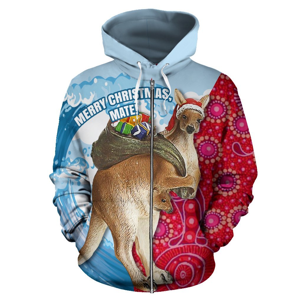 Christmas Zip Hoodie - Kangaroo Aboriginal Dot Painting Wave Patterns