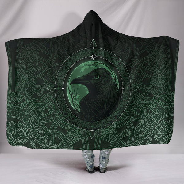 Viking Hooded Blanket Ethnic Odin Raven Green