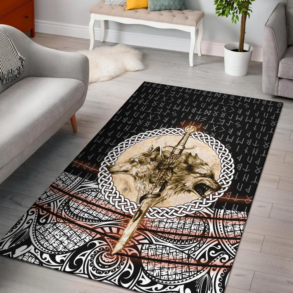 Viking Area Rug Wolf and Vikings Tattoo 3D