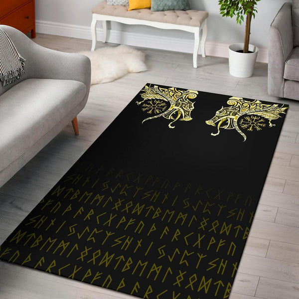 Viking Area Rug Fenrir Raven And Vegvisir Tattoo Yellow