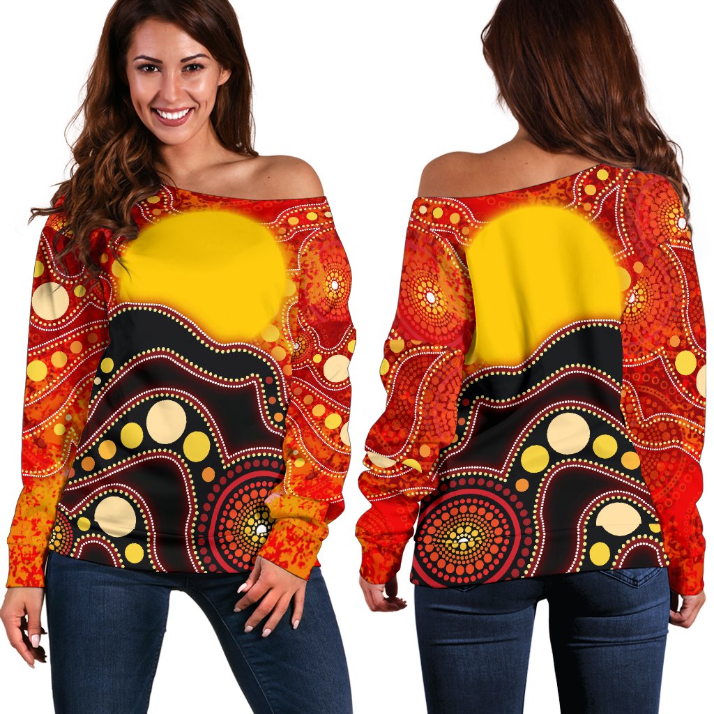 Aboriginal Off Shoulder Sweater, Aboriginal Lives Matter Flag Dot Painting Art