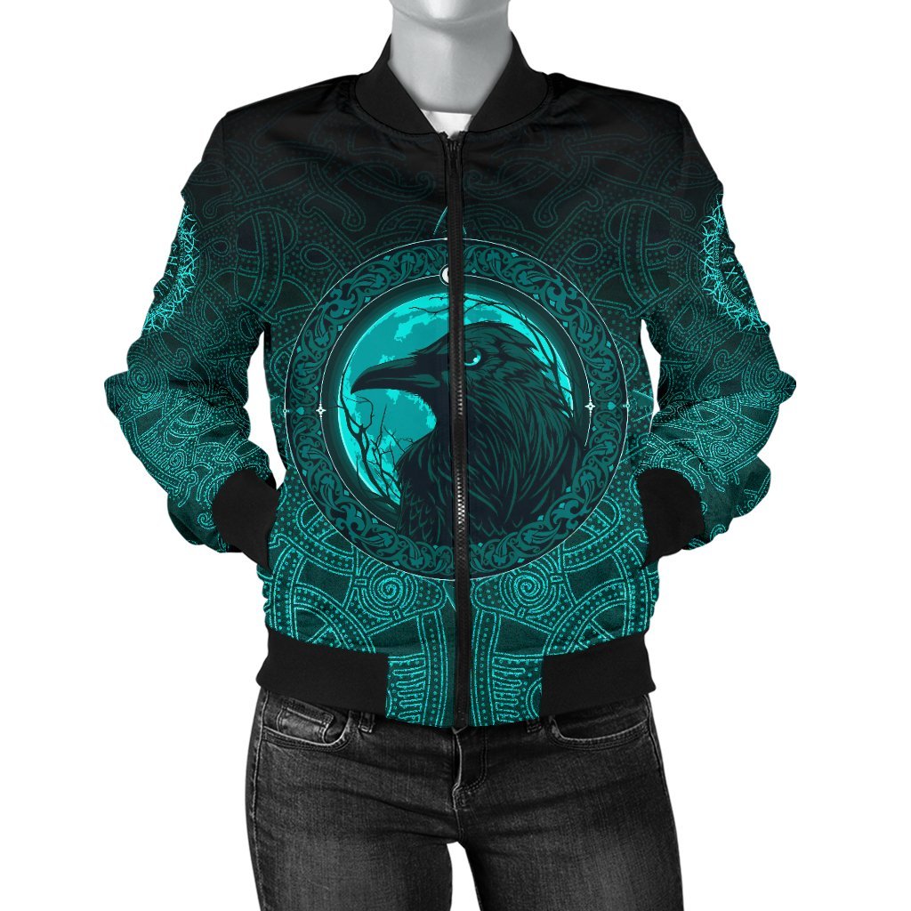 Viking Bomber Jacket Ethnic Odin Raven Cyan Style Ver02