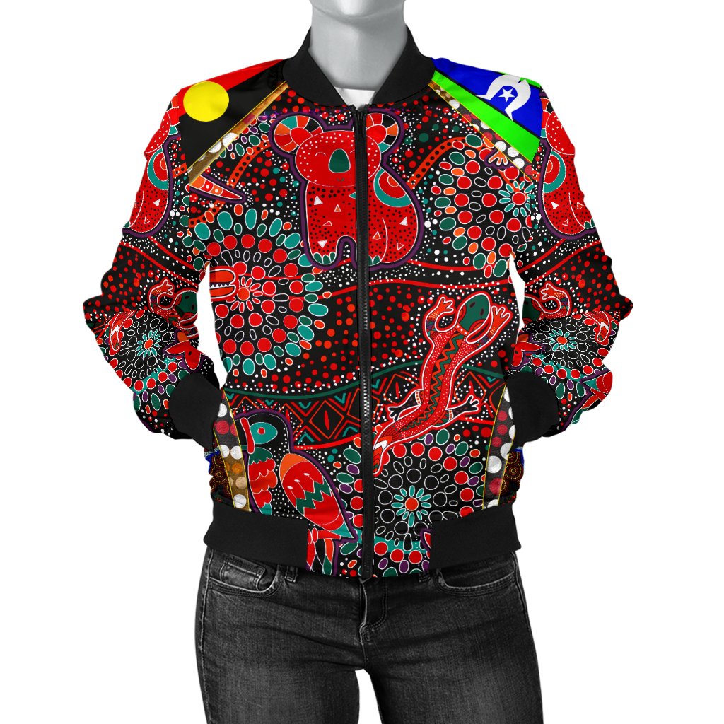 Women Bomber Jacket - Aboriginal Animal & Dot Acrylic Paint