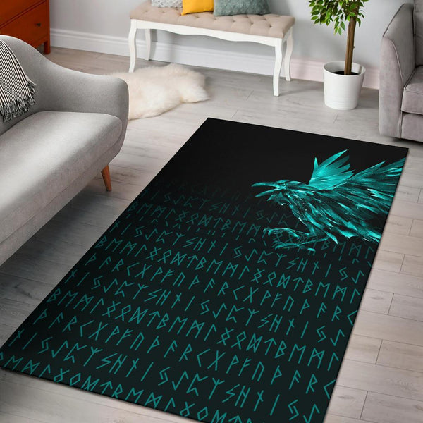 Viking Area Rug The Raven Of Odin Rune Cyan