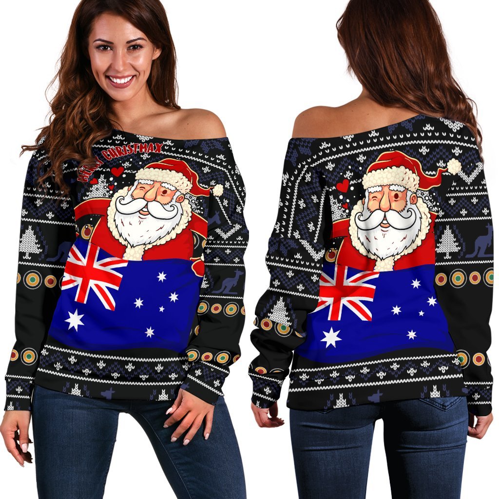 Christmas Women's Off Shoulder Sweater - Australia Santa Claus Hold The Flag ( Black)