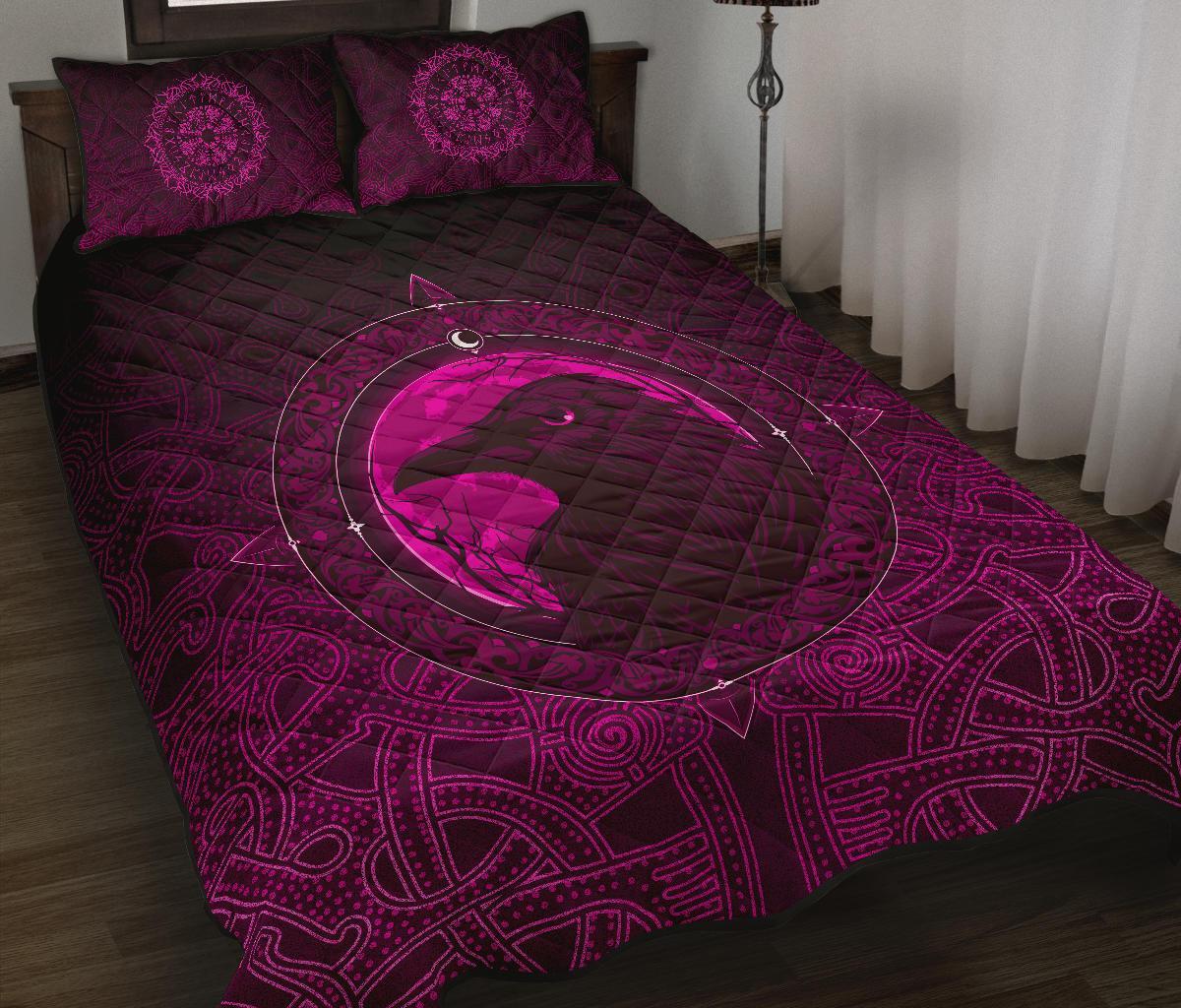 Viking Quilt Bedding Set Ethnic Odin Raven Pink