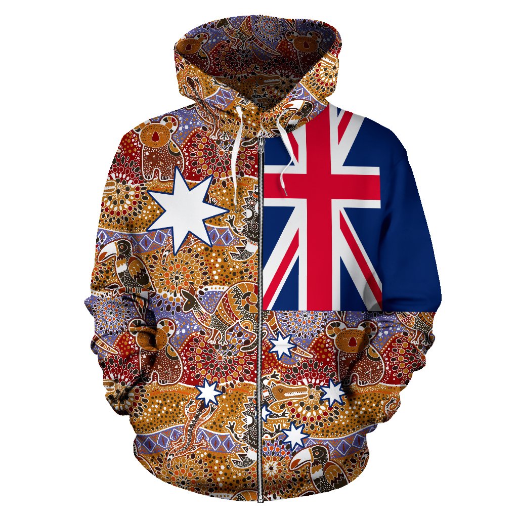 Aboriginal Zip Hoodie - Koala Kangaroo Patterns Aus Flag