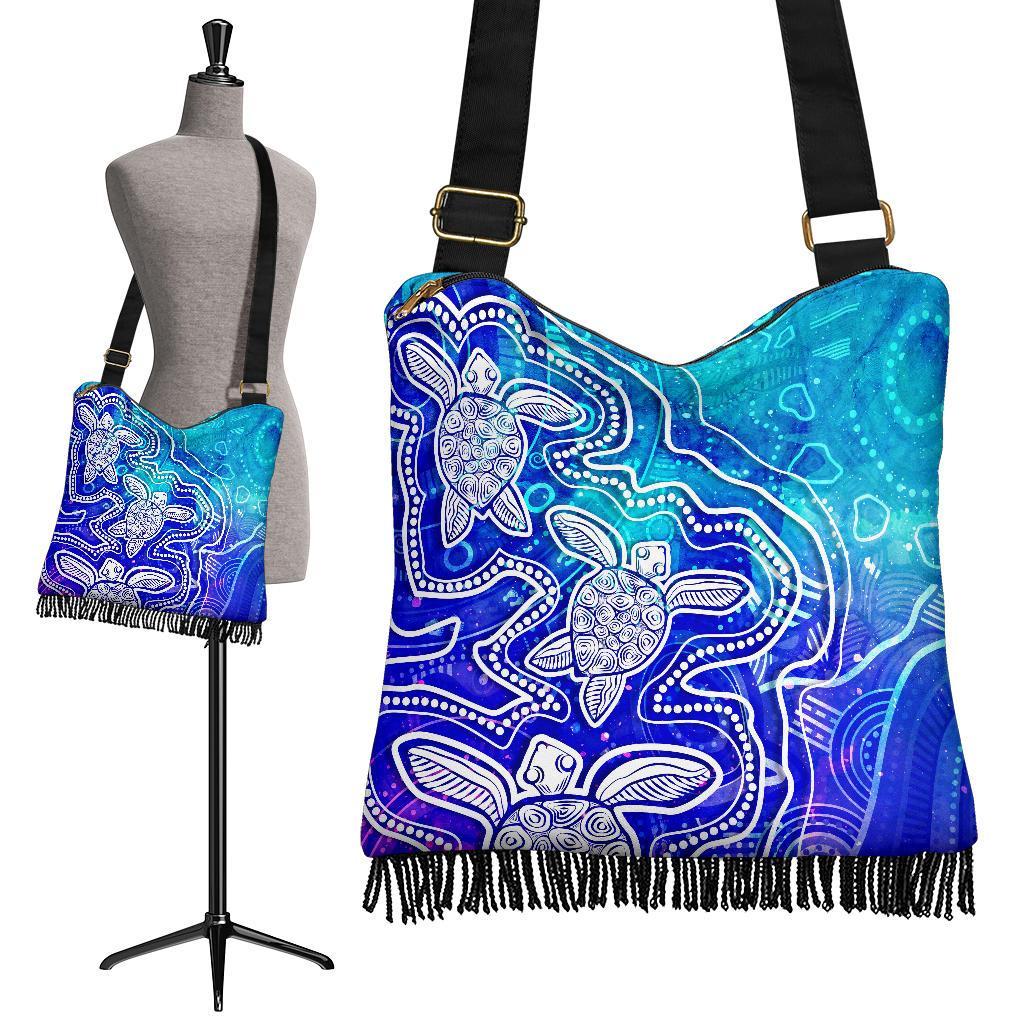 Aboriginal Boho Handbag - Sea Turtle With Indigenous Patterns (Blue)