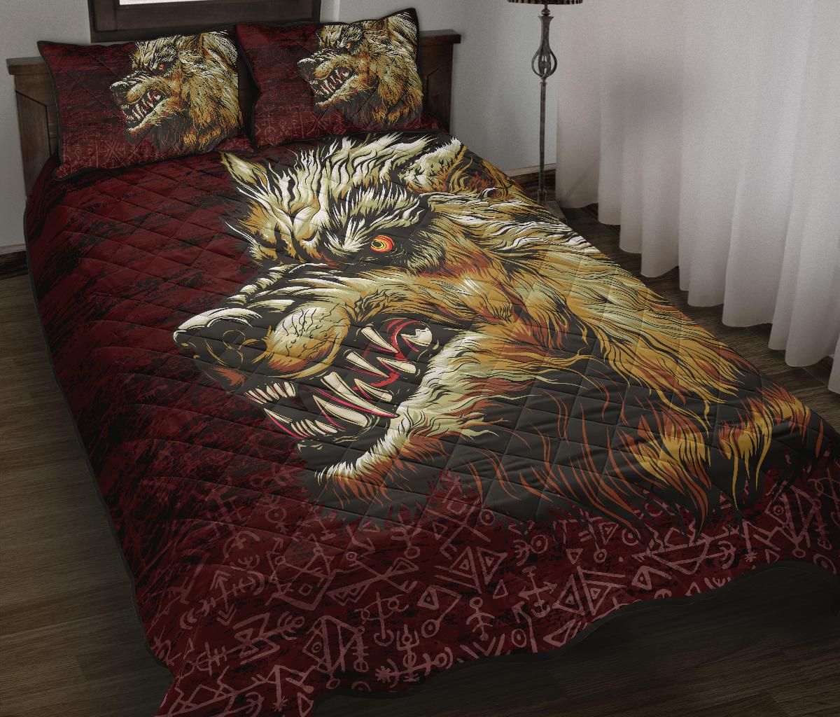 Viking Quilt Bedding Set Fenrir On The Blood Moon Background