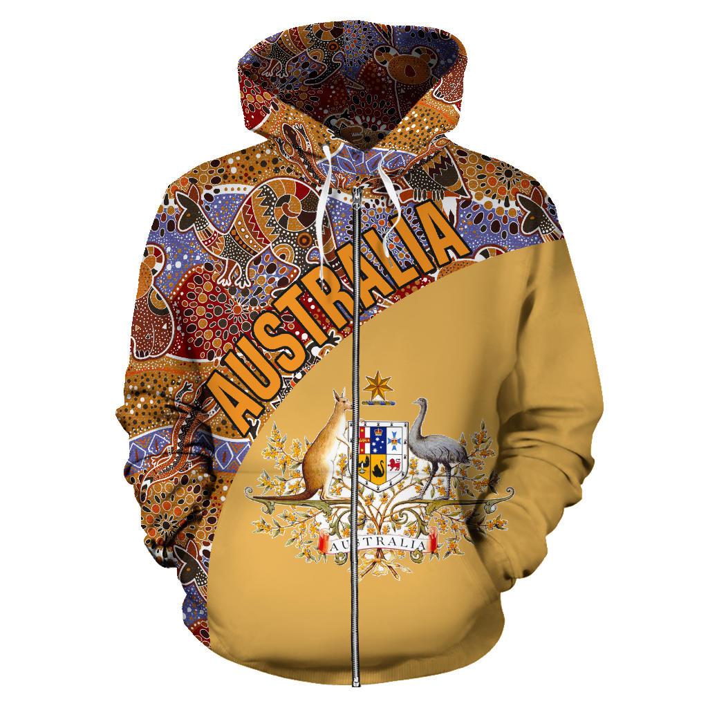 Aboriginal Zip Hoodie - Australian Coat Of Arms Kangaroo Koala All Over Print