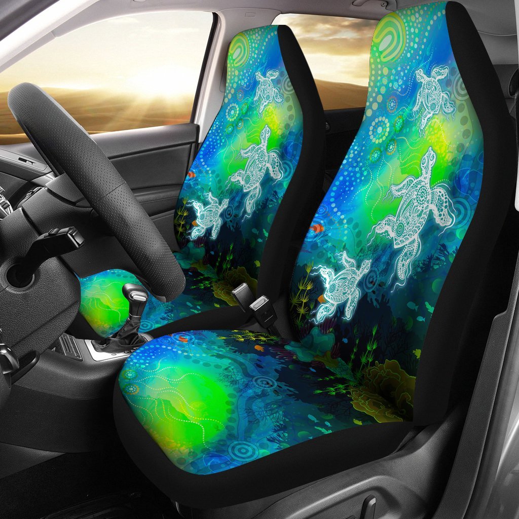 Aboriginal Car Seat Cover - Indigenous Turtle Ocean Dot Painting Art