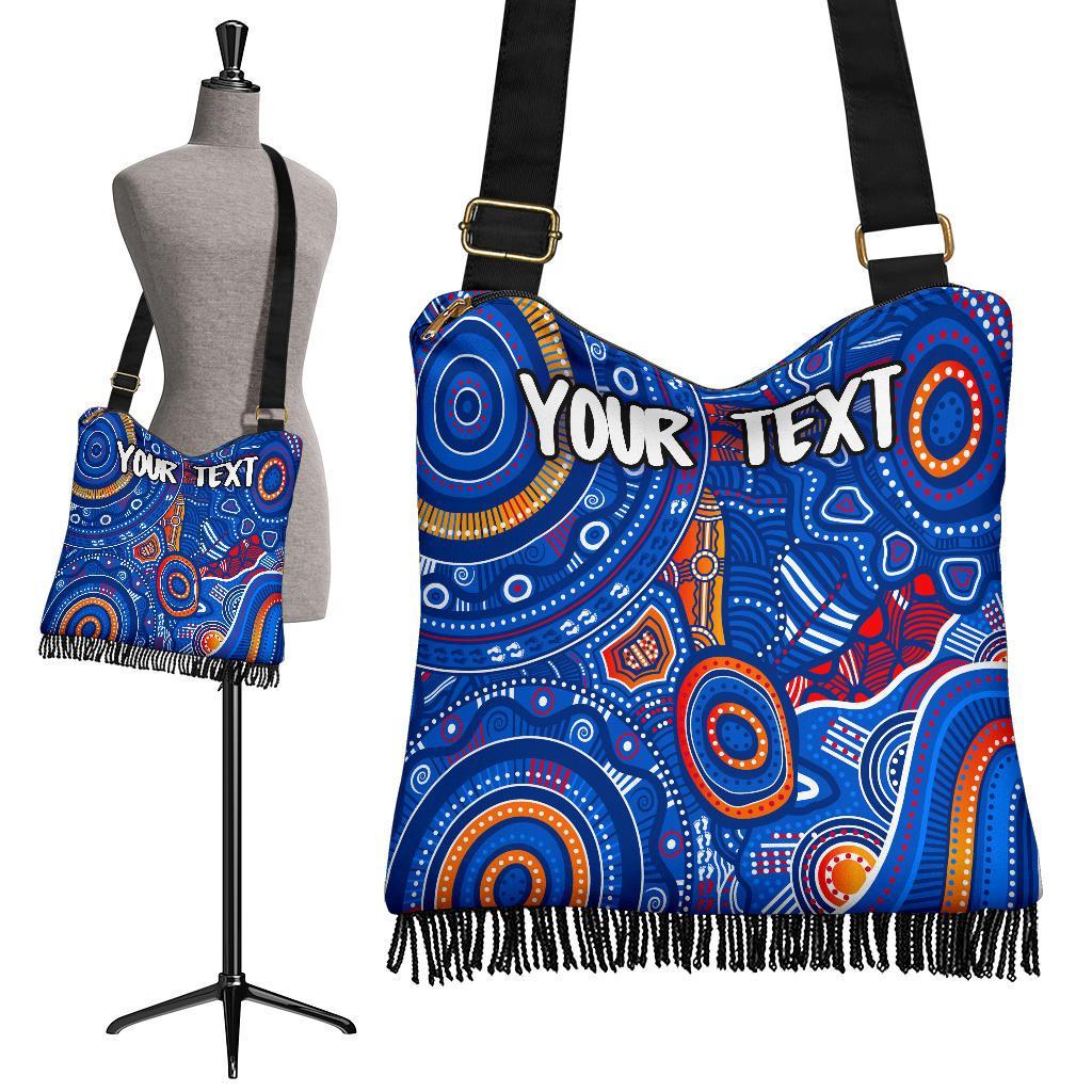 (Custom Text) Aboriginal Crossbody Boho Handbags - Indigenous Footprint Patterns Blue Color