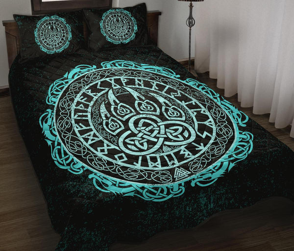 Viking Quilt Bedding Set Viking Bear Claws Cyan Tattoo