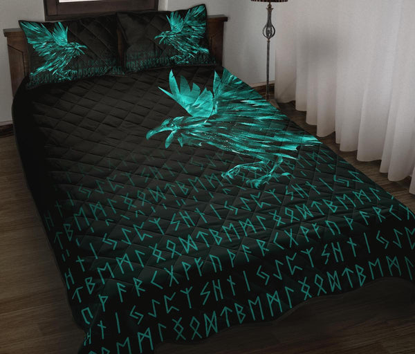 Viking Quilt Bedding Set The Raven Of Odin Rune Cyan